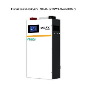 Solax LD52 lithium battery unit, 48V 100Ah 5.12kW, white front panel with orange stripe and branding visible.